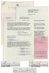 The Three Stooges Signed Agreement From September 1962 for Its a Mad, Mad, Mad, Mad World -- Signed by Moe Howard, Larry Fine & Joe DeRita -- 2pp. Plus Ancillary Documents -- Very Good